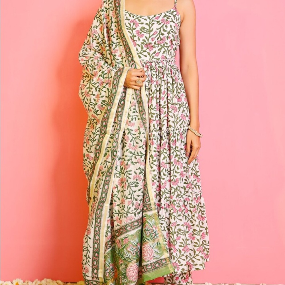 Off White Cotton Hand Printed Floral Round Anarkali Pant Set For Women